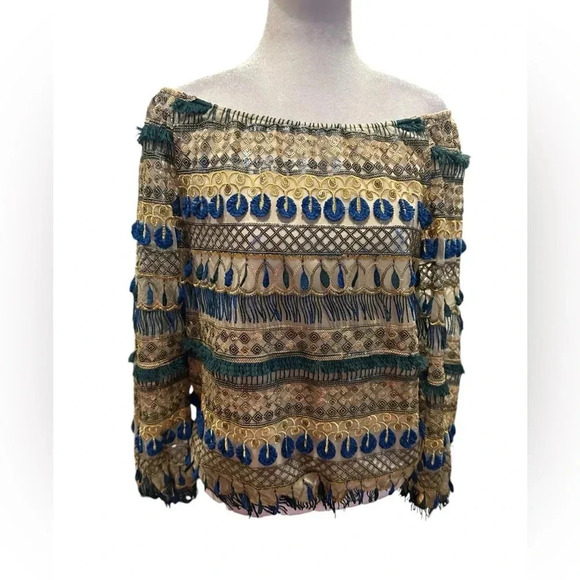 Alice + Olivia Mixed Media Boho Beaded Fringe Blouse size S - Picture 4 of 16